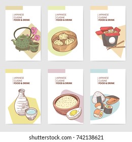 Japanese Food Hand Drawn Brochures Template. Japan Traditional Cuisine Banner, Poster Design. Sushi Bar Menu. Vector illustration