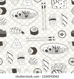 Japanese Food Hand Drawn Doodle Seamless Pattern.