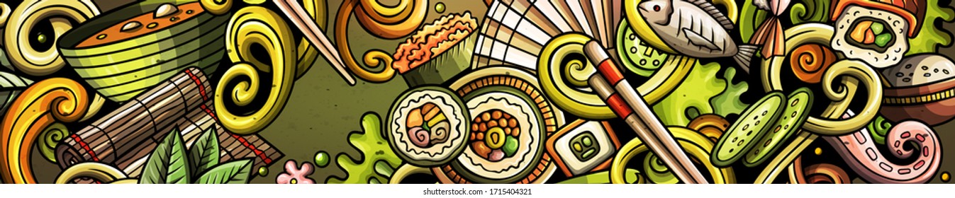 Japanese food hand drawn doodle banner. Cartoon detailed flyer. Japan cuisine identity with objects and symbols. Color vector design elements background