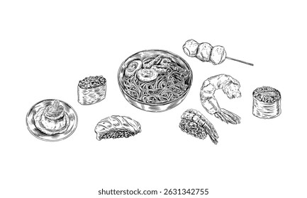 japanese food handdrawn engraving doodle collection