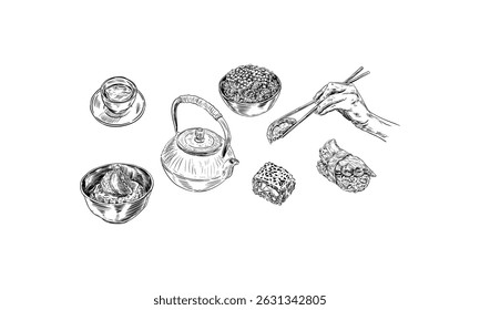 japanese food handdrawn engraving doodle collection
