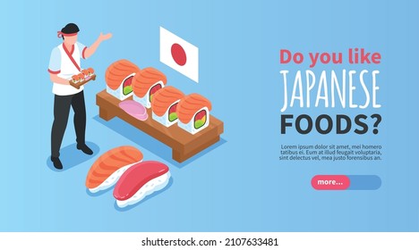 Japanese food horizontal banner with male character in national clothes offering try sushi isometric vector illustration