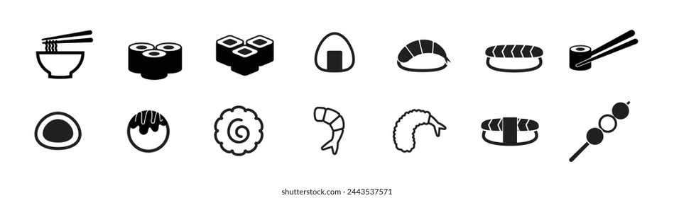 japanese food icon bundle, sushi, sashimi, tempura, takoyaki menu symbol