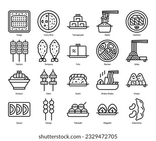 Japanese food icon set with line style, 
included as curry rice, sushi, ramen, dango, natto and more 