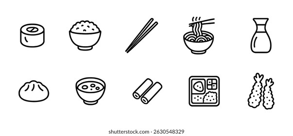Japanese food icon set - outline, sushi, ramen, bento, more culinary symbols