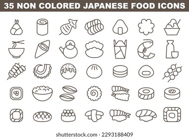 Japanese food icon set. Simple black and white symbols of asian cuisine. Street food and traditional dishes. Seafood, rice and sweets. Flat vector illustration