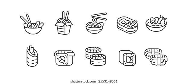 Iconos de comida japonesa. Conjunto de 10 iconos mínimos de moda de comida japonesa. Ramen, Sushi, Onigiri, Bento Box, Takoyaki icono. Signos de diseño para la página de Web, App móvil, diseño de embalaje. Ilustración vectorial