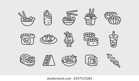 Japanese food icons. Set of 15 Japanese food trendy minimal icons. Ramen, Sushi, Onigiri, Bento Box, Takoyaki icon. Design signs for web page, mobile app, packaging design. Vector illustration