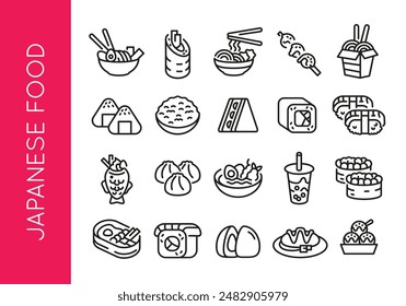Japanese food icons. Set of 20 Japanese food trendy minimal icons. Ramen, Sushi, Onigiri, Bento Box, Takoyaki icon. Design signs for web page, mobile app, packaging design. Vector illustration