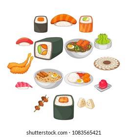 Japanese food icons set. Cartoon illustration of 16 japanese food vector icons for web