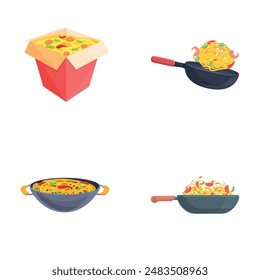 Japanese food icons set cartoon vector. Asian noodle in box and frying pan. Traditional japanese cuisine