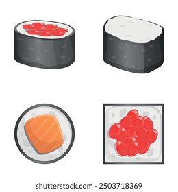 Japanese food icons set cartoon vector. Sushi roll. Traditional oriental dish