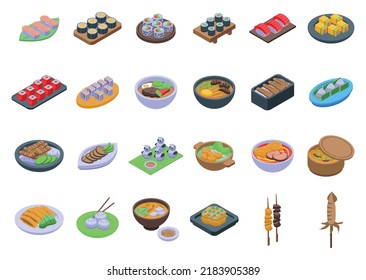 Japanese food icons set isometric vector. Japan tempura. Asian plate