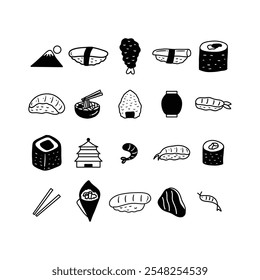 Japanese Food Icons Set. Minimalist Black and White Design