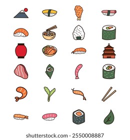 Japanese Food Icons Set - Minimalist and Colorful Doodle Style