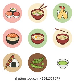 Japanese food icons Sushi with ramen, and tempura.