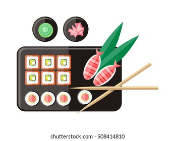 Japanese food illustration in flat style. Japan sushi with wasabi and ginger. Restaurant asian food, rice and seafood, fish sushi, asia dinner, fresh sushi and chopstick, oriental lunch logo. Vector