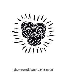 Japanese food illustration in linocut style. Black print on white background