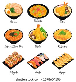 Japanese food illustration. (Ramen, Yakisoba, Udon, Salmon Ikura Don, Tendon, Katsudon, Takoyaki, Sushi and Gyoza)