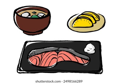 Japanese food illustration set of Miso soup with brush touch and grilled salmon with pickled daikon radish