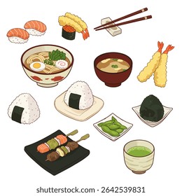 Japanese Food Illustration Sushi with Ramen, and Onigiri.