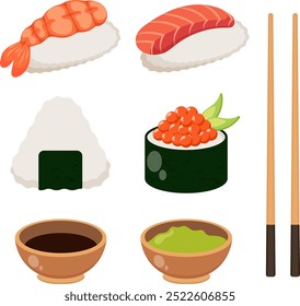 Japanese food illustration sushi, seafood, vector, eps 10, editable.