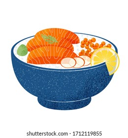 Japanese food illustration vector. Japanese rice in bowl with salmon  and caviar, lemon and radish.