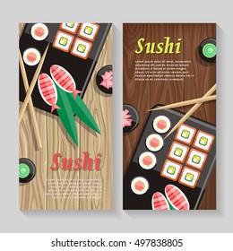 Japanese food illustration web banner. Japan sushi with wasabi and ginger. Restaurant asian food, rice and seafood, fish sushi, asia dinner, fresh sushi and chopstick, oriental lunch logo. Vector