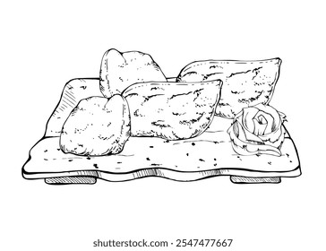 Japanese food inari tofu sushi set served on ceramic plate, tamagoyaki omelette tempura, ginger rose hand drawn in vector pen, ink. Illustration for restaurant, cafe menu, kitchen print, recipe book
