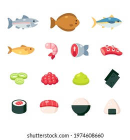 Japanese food ingredients cartoon icon set. Fish and seafood, sushi and rice dishes, cute simple vector illustrations.