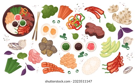 Japanese Food isolated. Set of Asian national ingredients top view. Chinese meal with meat, shiitake mushrooms, vegetables. Vector illustration for menu, delivery, café, restaurant. Cooking concept