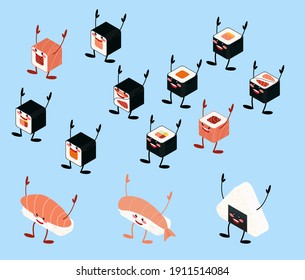 Japanese food kawaii mascot set isolated on blue background. icons of asian traditional menu vector illustration. Isometric sushi and asian soup
