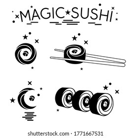 Japanese food labels set with sushi and chopsticks. Sushi icon, logo, packaging. Sushi bar. Vector illustration on the white background