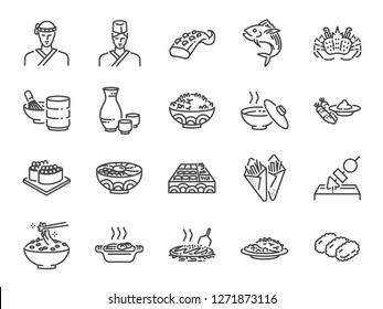 Japanische Essenslinie Symbol Set 2. Einschließlich der Symbole wie Sushi, Sashimi, Maki, Sushi Roll, Tonkatsu und mehr.