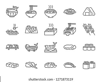 Japanese food line icon set 1. Included the icons as sushi, sashimi, maki, sushi roll, Tonkatsu and more.