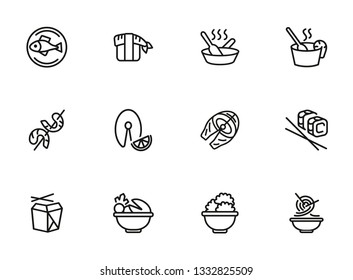 Japanese food line icon set. Fish, rice, shrimp. Food concept. Vector illustration can be used for topics like food product, supermarket, restaurant