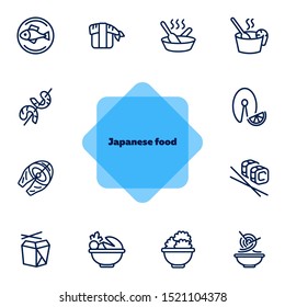Japanese food line icon set. Fish, rice, shrimp. Food concept. Vector illustration can be used for topics like food product, supermarket, restaurant