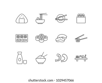 Japanese food line icons set with rice balls, ramen noodles, chopsticks, sushi tray, sake bottle, rice bowl, shrimp.