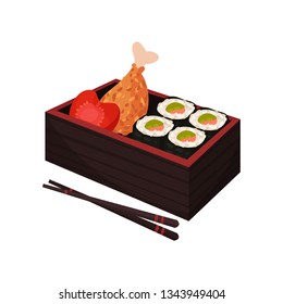 Japanese food in lunchbox on white background.