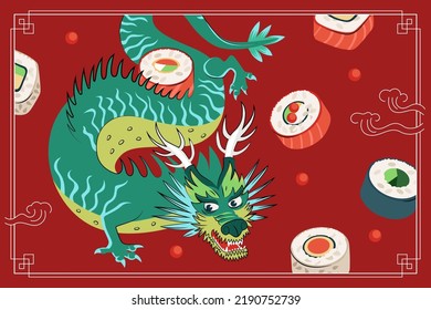 Japanese food maki sushi drawing poster design. Japan national dish rice and raw seafood rolls. Sushi bar advertising banner. Asian restaurant menu or flyer decoration with azure dragon. Vector eps