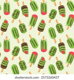 Japanese food matcha. Seamless pattern with matcha cheesecake and matcha ice cream on a stick. Vegan japanese cakes Repeating vector background, wrapping paper.