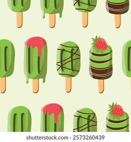 Japanese food matcha. Seamless pattern with matcha cheesecake and matcha ice cream on a stick. Vegan japanese cakes Repeating vector background, wrapping paper.