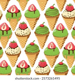 Japanese food matcha. Seamless pattern with ice cream cone with strawberries. Vegan japanese cakes. Repeating vector background, wrapping paper.