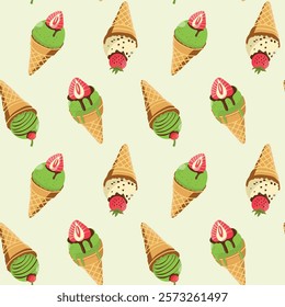 Japanese food matcha. Seamless pattern with ice cream cone with strawberries. Vegan japanese cakes. Repeating vector background, wrapping paper.