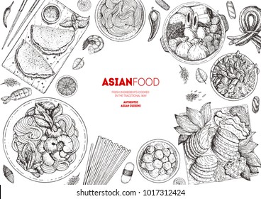Japanese Food menu design template, engraved elements. Asian cuisine sketch collection. Hand drawn vector illustration.  Asian Food set.