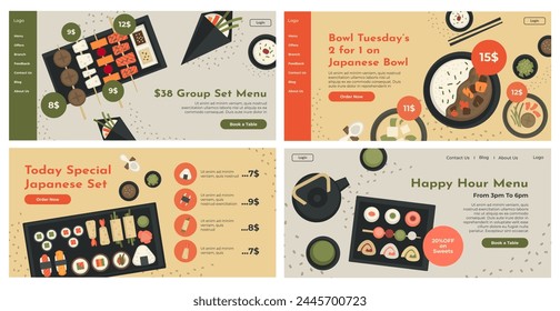 Japanese food menu offer at web page design set. Template japan restaurant landing banner collection with promo. Discounts and special price for sushi, vector illustration