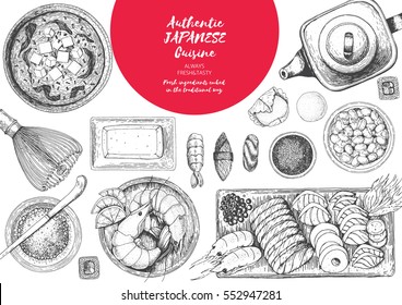 Japanese food menu restaurant. Asian food poster. Vector illustration top view. Japanese food engraved design template