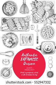 Japanese food menu restaurant. Asian food poster. Vector illustration top view. Japanese food engraved design template