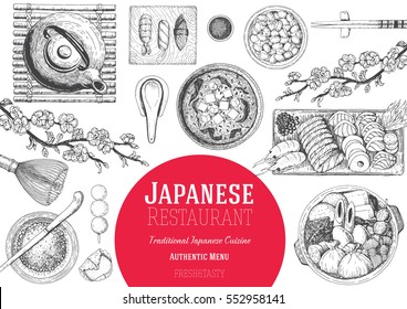 Japanese food menu restaurant. Asian food poster with sashimi, miso soup, oden, natto, matcha tea, and sushi.  Top view frame vector illustration. Japanese food engraved design template