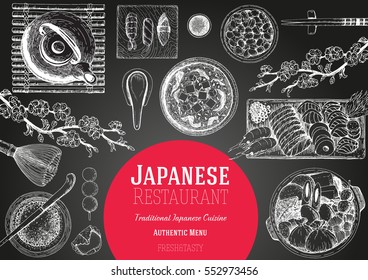 Japanese food menu restaurant. Asian food poster. Vector illustration top view. Japanese food engraved design template